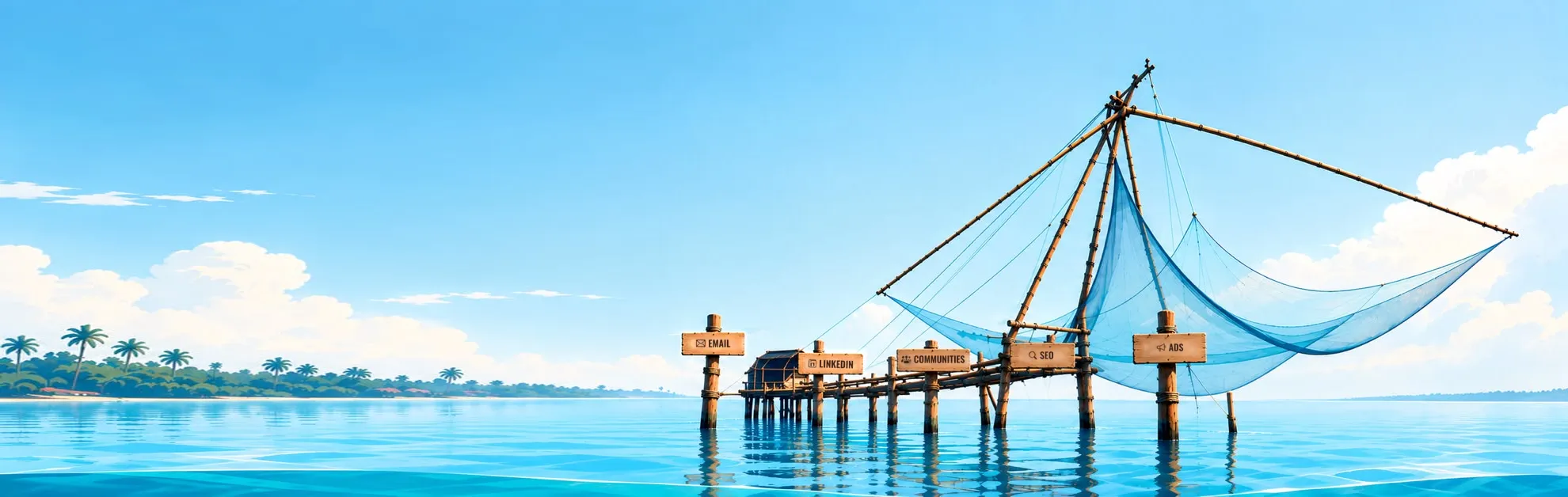 A Chinese fishing net standing off the Kochi shore at slack tide, its cantilever arm out over still, shallow water, with signboards along the walkway reading email, LinkedIn, communities, SEO and ads.