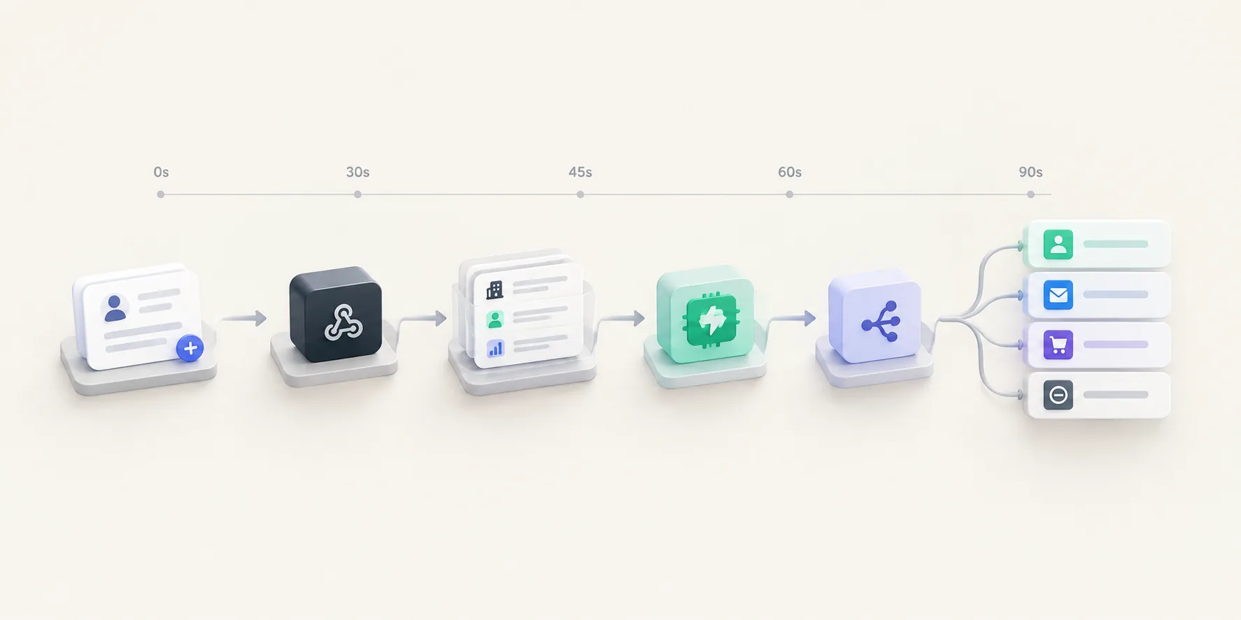 A timeline from zero to ninety seconds: a new signup fires a webhook, the record is enriched with company data, an AI step scores it, and a router splits it into four destinations: a rep, an email sequence, a self-serve track, and disqualified.