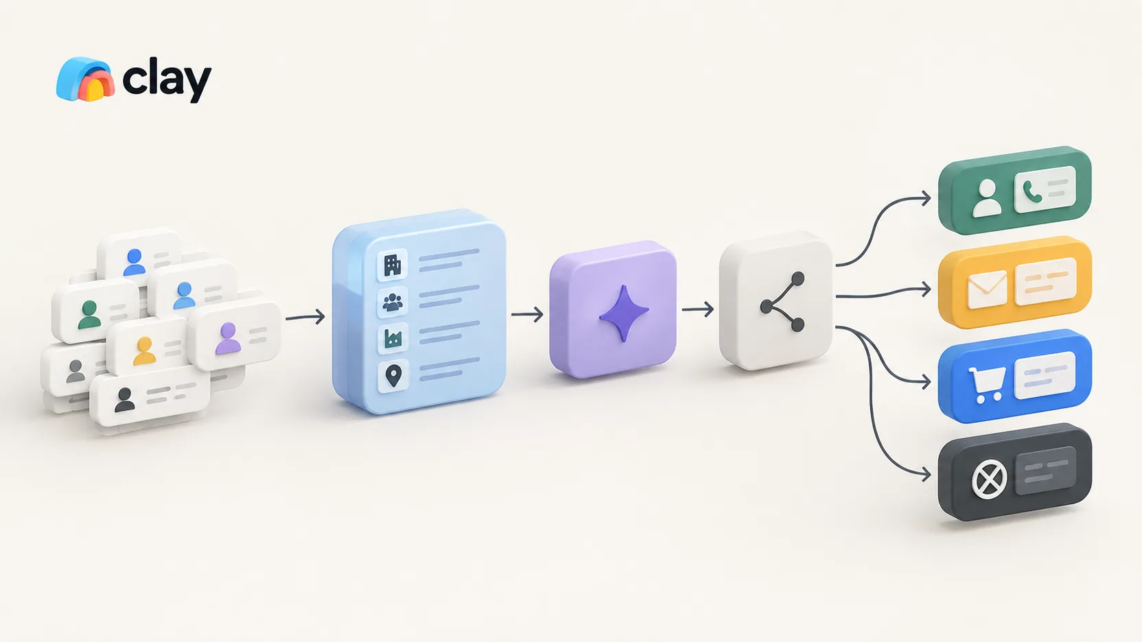 A queue of anonymous signup records flowing into a Clay enrichment table, then a scoring step, then a router that splits them into four destinations: call, email, self-serve nurture, and disqualified.