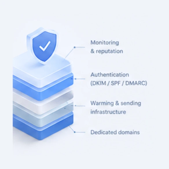 The deliverability stack drawn as four stacked layers under a shield: dedicated domains at the base, then warming and sending infrastructure, then authentication with DKIM, SPF and DMARC, and monitoring and reputation on top.