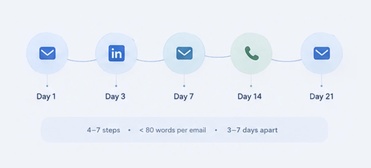 A five-step sequence laid out on a timeline: an email on day 1, a LinkedIn touch on day 3, an email on day 7, a call on day 14, and an email on day 21, with a note reading 4 to 7 steps, under 80 words per email, 3 to 7 days apart.