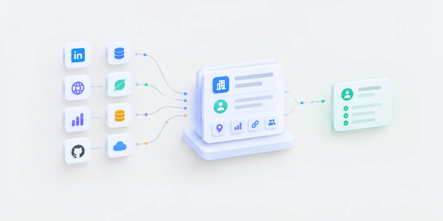 Many separate data sources — LinkedIn, databases, web, analytics, a code host, a cloud — feeding along wires into a single company and contact record, which passes out the other side as one verified, checked-off record.