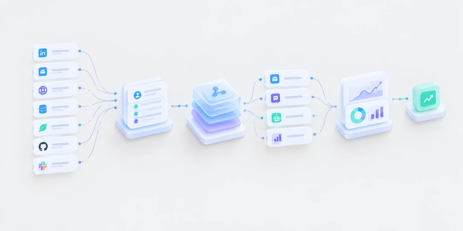 The whole stack wired as one system: seven data sources feed a single enriched record, which passes through an orchestration layer and out to email, chat, an AI agent, and analytics, all of which feed a measurement dashboard and, from it, a rising pipeline trend.