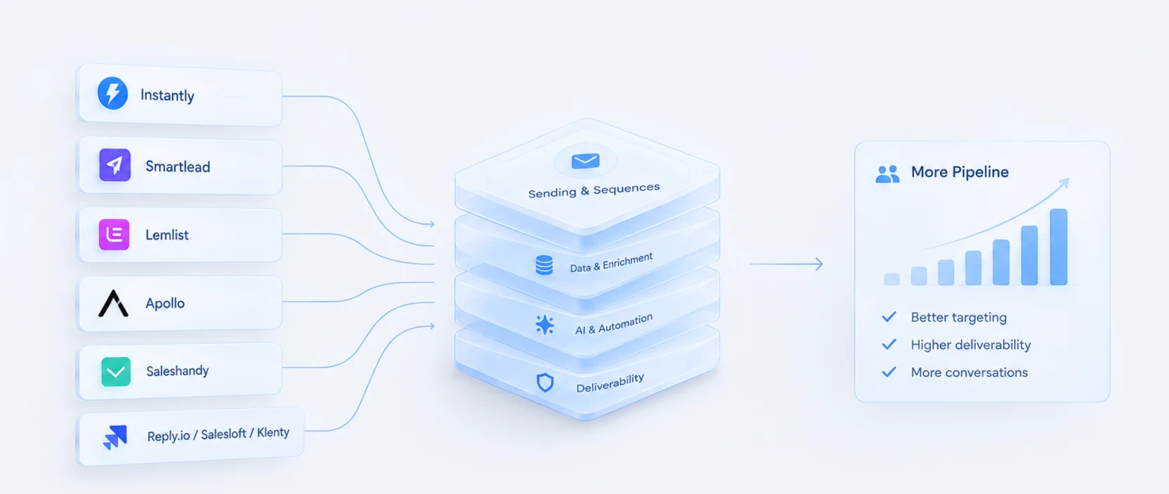 A column of cold email tools — Instantly, Smartlead, Lemlist, Apollo, Saleshandy, and Reply.io, Salesloft or Klenty — feeding into a four-layer stack labelled sending and sequences, data and enrichment, AI and automation, and deliverability, which leads to a card headed More Pipeline with a rising bar chart and the points better targeting, higher deliverability, and more conversations.