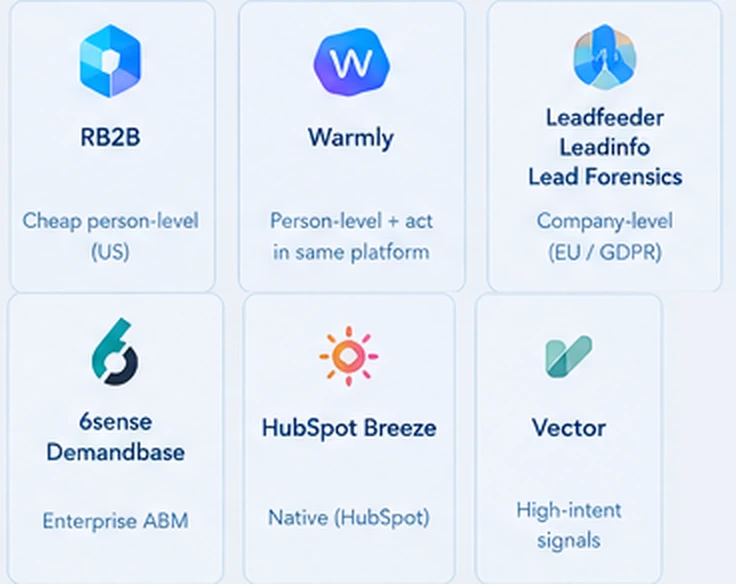 Six vendor tiles: RB2B for cheap person-level in the US, Warmly for person-level plus acting in the same platform, Leadfeeder, Leadinfo and Lead Forensics for company-level under EU and GDPR rules, 6sense and Demandbase for enterprise ABM, HubSpot Breeze as the native HubSpot option, and Vector for high-intent signals.
